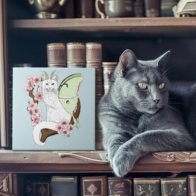 Luna Moth Moon White Cat Green Ceramic Tile (Creator Uploaded)