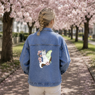 Luna Moth Moon White Cat Green Denim Jacket