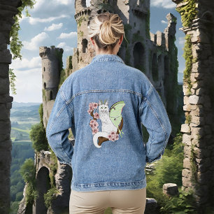 Luna Moth Moon White Cat Green Denim Jacket