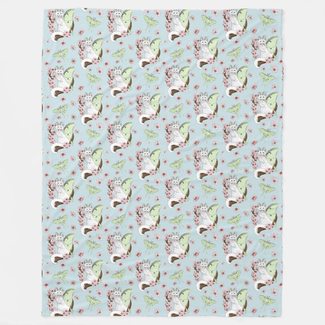 Luna Moth Moon White Cat Green Fleece Blanket (Front)