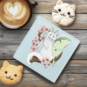 Luna Moth Moon White Cat Green Glass Coaster