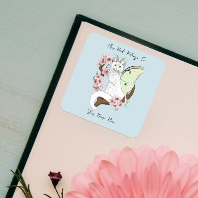 Luna Moth Moon White Cat Green Square Sticker (Creator Uploaded)