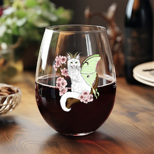 Luna Moth Moon White Cat Green Stemless Wine Glass