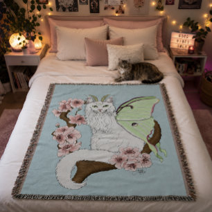 Luna Moth Moon White Cat Green Throw Blanket