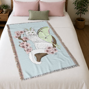Luna Moth Moon White Cat Green Throw Blanket