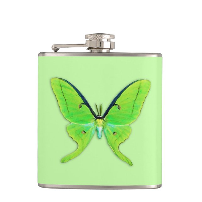 Luna moth on a pale green background hip flask (Front)