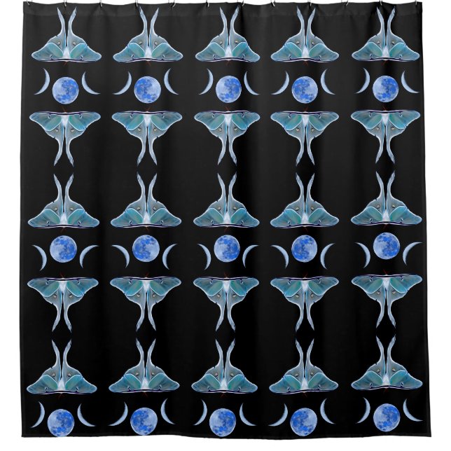 Luna Moth Triple Moon on Black Shower Curtain (Front)