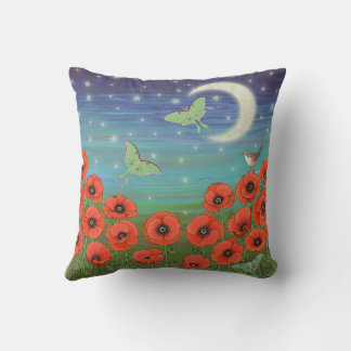 Luna moths and house wren on poppies at night cushion