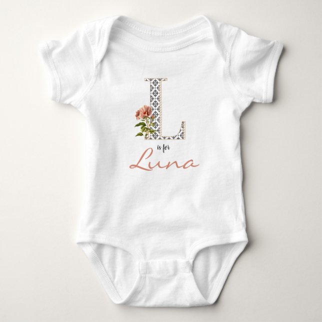 Luna Name Reveal Floral Letter L Girl Whimsical Baby Bodysuit (Front)