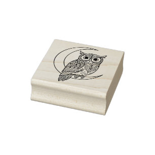 Luna Owl Line Art with Crescent Moon Rubber Stamp