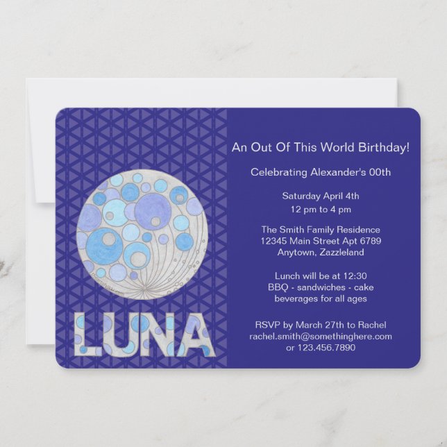 Luna The Full Moon Blue And Purple Space Geek Invitation (Front)