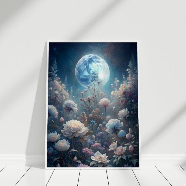 Lunar Bloom – Full Moon and Wildflower Garden Art Poster (Lunar Bloom – Full Moon and Wildflower Garden Art Poster in a white wooden frame)
