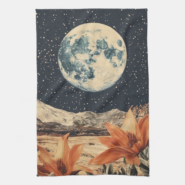 Lunar Bloom Over Sandy Peaks Tea Towel (Vertical)