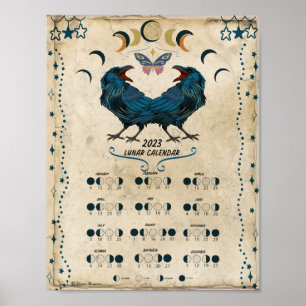 LUNAR CALENDAR 2023,  Crow Moon, Wicca Witch Moon  Poster