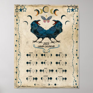 LUNAR CALENDAR 2023, Crow Moon, Wicca Witch Moon Poster