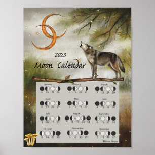 LUNAR CALENDAR 2023,  Wolf Moon Dark Forest, Wicca Poster