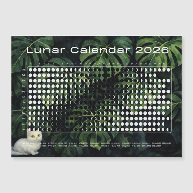 Lunar Calendar 2026 Moon Phases Monstera cats (Front)