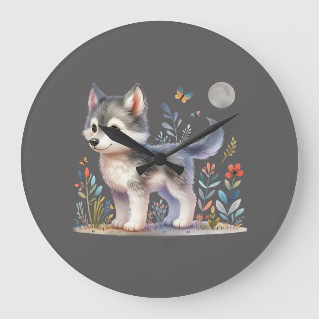 Lunar Cub - Baby Wolf Wall Clock (Front)