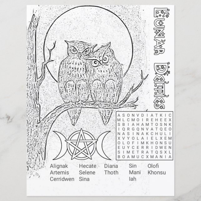 Lunar Deities Word Search Colouring Page Paper (Front)