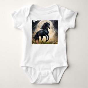 Lunar Elegance: Black Fantasy Horse with Moon Baby Bodysuit