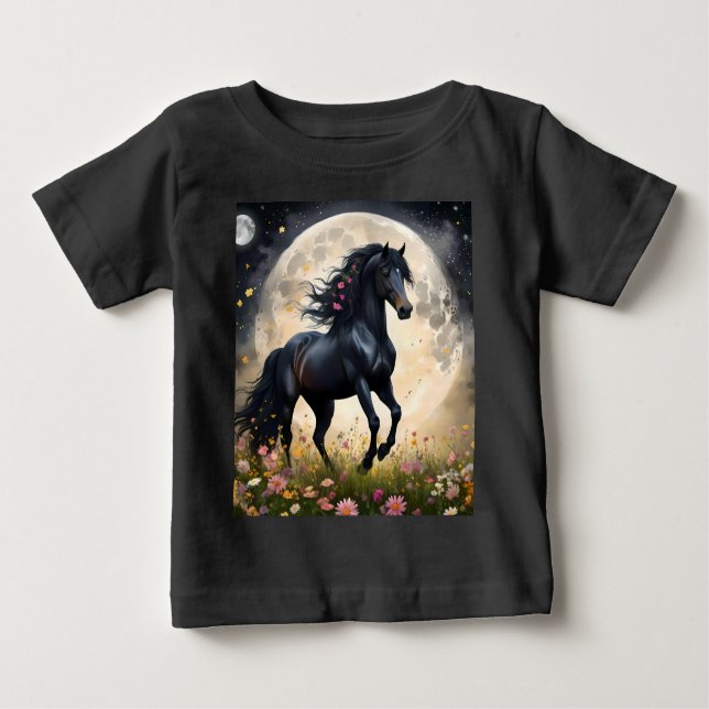 Lunar Elegance: Black Fantasy Horse with Moon  Baby T-Shirt (Front)