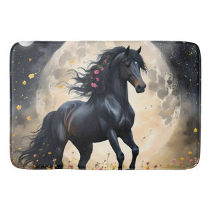 Lunar Elegance: Black Fantasy Horse with Moon  Bath Mat