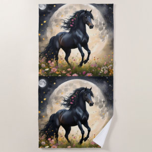 Lunar Elegance: Black Fantasy Horse with Moon Beach Towel
