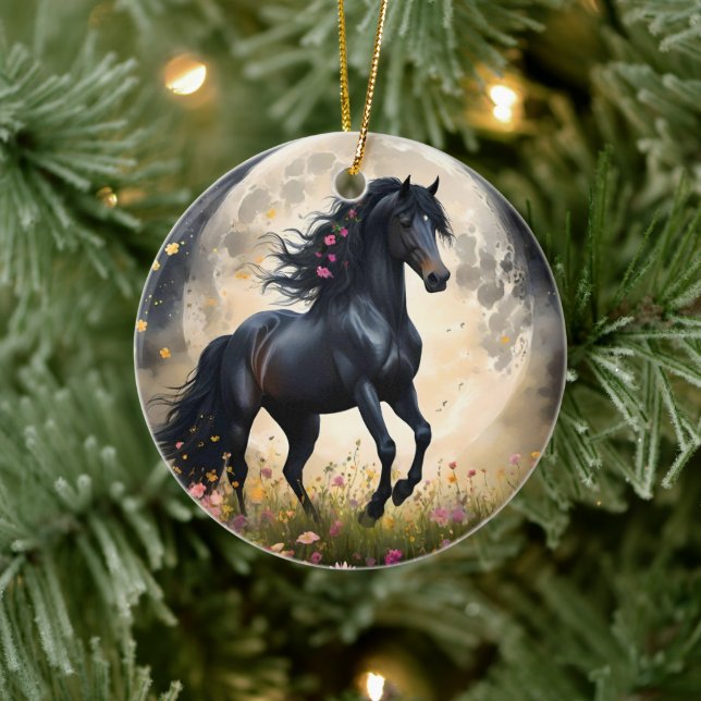 Lunar Elegance: Black Fantasy Horse with Moon  Ceramic Ornament (Tree)