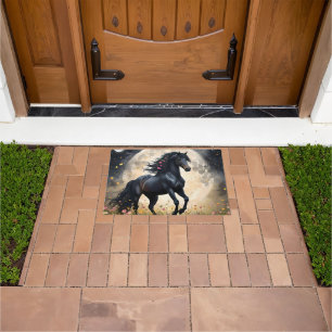 Lunar Elegance: Black Fantasy Horse with Moon Doormat