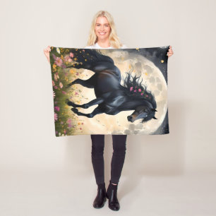 Lunar Elegance: Black Fantasy Horse with Moon  Fleece Blanket