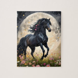 Lunar Elegance: Black Fantasy Horse with Moon  Jigsaw Puzzle