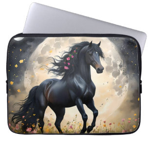 Lunar Elegance: Black Fantasy Horse with Moon Laptop Sleeve