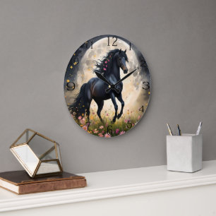 Lunar Elegance: Black Fantasy Horse with Moon  Large Clock