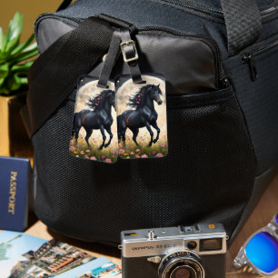 Lunar Elegance: Black Fantasy Horse with Moon Luggage Tag