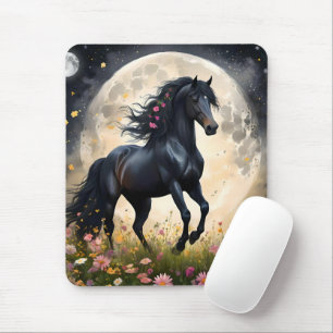 Lunar Elegance: Black Fantasy Horse with Moon  Mouse Pad