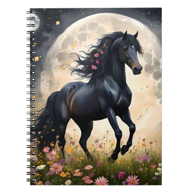 Lunar Elegance: Black Fantasy Horse with Moon  Notebook (Front)