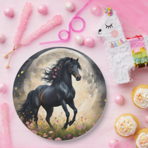 Lunar Elegance: Black Fantasy Horse with Moon  Paper Plate