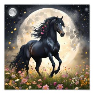 Lunar Elegance: Black Fantasy Horse with Moon  Photo Print