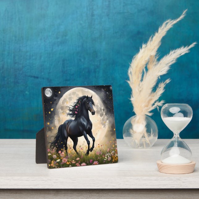 Lunar Elegance: Black Fantasy Horse with Moon  Plaque (Insitu)