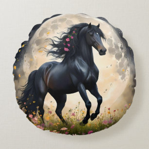 Lunar Elegance: Black Fantasy Horse with Moon  Round Cushion