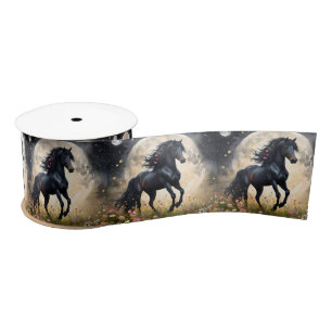 Lunar Elegance: Black Fantasy Horse with Moon  Satin Ribbon