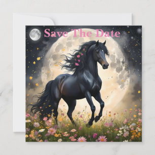 Lunar Elegance: Black Fantasy Horse with Moon  Save The Date