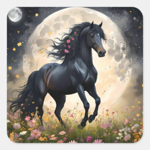 Lunar Elegance: Black Fantasy Horse with Moon Square Sticker