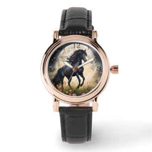 Lunar Elegance: Black Fantasy Horse with Moon  Watch
