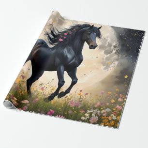 Lunar Elegance: Black Fantasy Horse with Moon  Wrapping Paper