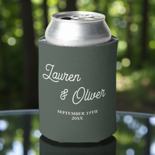 Lunar Green Script Minimalist Wedding Can Cooler