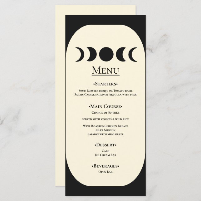 Lunar Luxe Black & Cream Moon Phase Wedding  Menu (Front/Back)