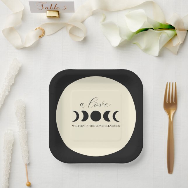 Lunar Luxe Black & Cream Moon Phase Wedding  Paper Plate (Wedding)