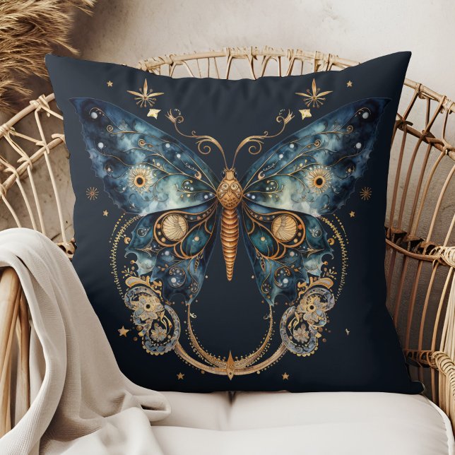 Lunar Moth - Celestial Witchmas Throw Pillow (Lunar Moth - Celestial Witchmas Throw Pillow in a boho rattan armchair.)