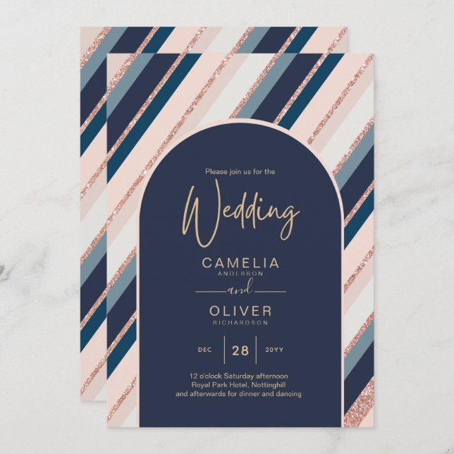 Lunar Navy Blue Blush Pink Rose Gold Wedding Invitation (Front/Back)